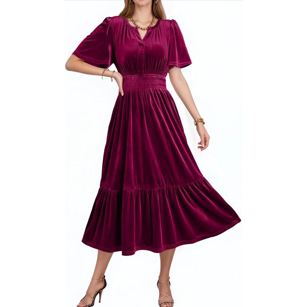 Dokotoo Burgundy Velvet Midi Dress Women’s L V Neck Ruffle Tier Pockets NWT - Picture 4 of 10